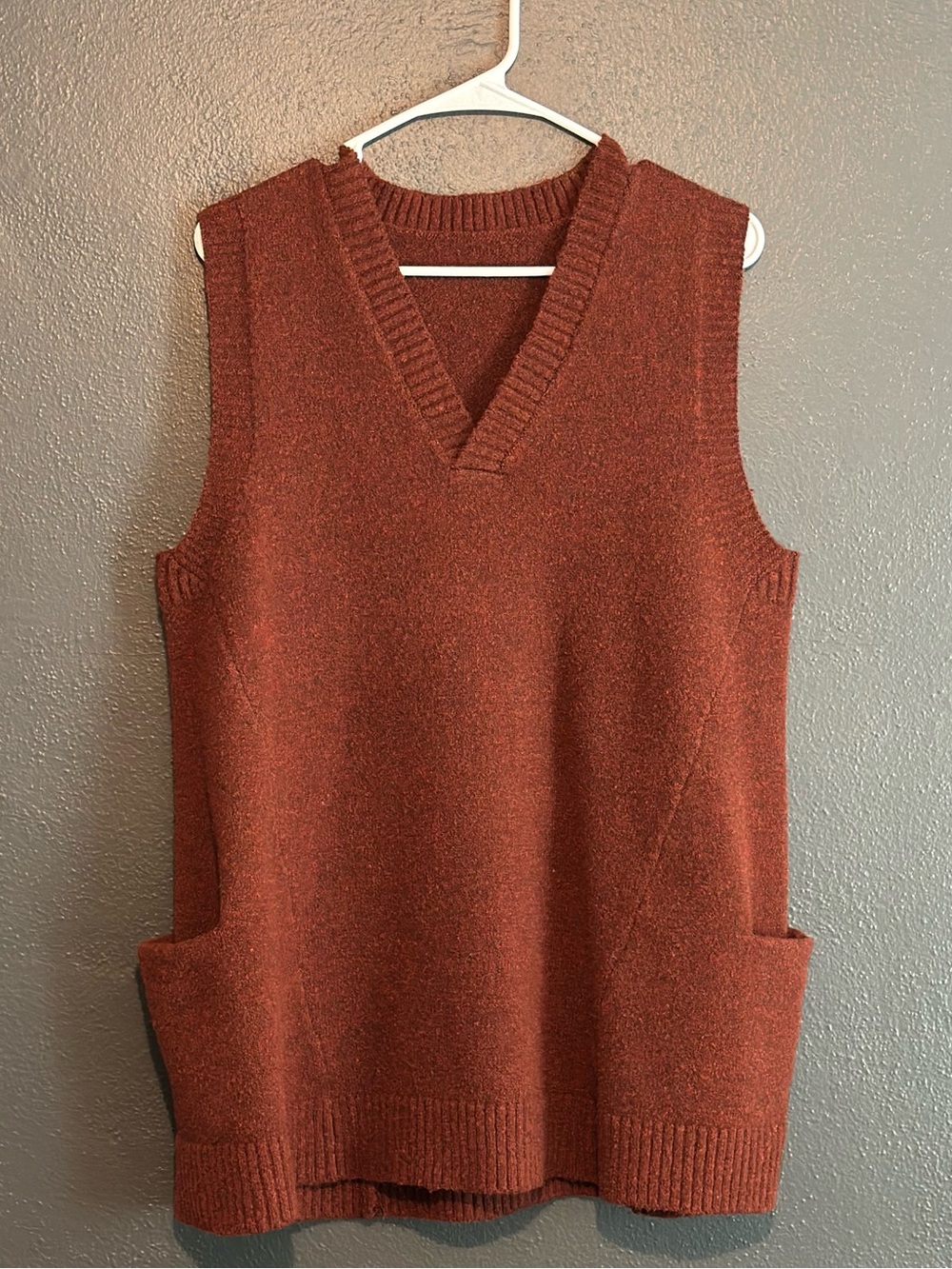 Tunic Length Rust Color Sweater Vest with Pockets
